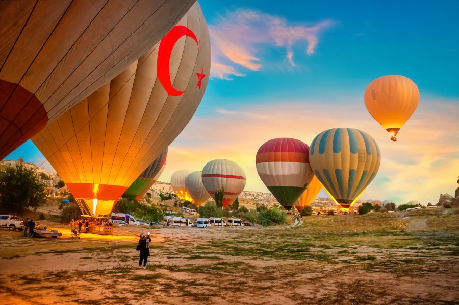 Hot air balloons at the start before the flight to Cappadocia